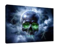 Tableau Decoration Murale Fantaisie Gothique - Impression sur Toile avec Cadre en Bois 120 x 80 cm, Noir Thriller Crâne Éclair - Peinture Décoration Murale Horizontale pour Salon, Chambre, Cuisine