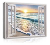 Tableau Décoration Murale Fenêtre Mer Plage 100x75 cm Impression sur Toile intissee pour Salon Chambre Couloir pret a accrocher