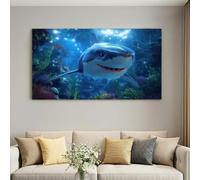 Tableau Decoration Murale Salon, Decoration Maison Moderne Impression sur Toile Naturelle Océan 3D, Décoration Animal Grand requin blanc Decoration Murale pour Bureau Salle Chambre 140L x 70W cm