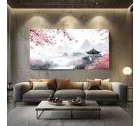 Tableau Decoration Murale Salon Japonais Fleurs de Cerisier Grand Impression sur Toile Chinois Montagne Cadre Mural Moderne Peinture à l'encre Pagode Peinture pour Chambre Adulte Bureau 50x100 cm