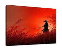 Tableau Decoration Murale Style Japonais Paysage - Impression sur Toile avec Cadre en Bois 120 x 80 cm, Samouraï Roseau Rougeoiement Couchant - Peinture Décoration Murale pour Salon, Chambre, Cuisine