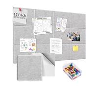 Tableau en Feutre Auto-Adhésif avec 70 Épingles, 16 Pièces 30x30cm Décoratif, Panneau Photo Mémo Tableau d'Affichage Bulletin Board Décoration Murale pour Bureau d'Enfant Salle de ris Argent