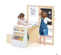 Tableau Enfant 3 en 1 - DREAMADE - Chevalet Double Face Réglable - Bureau Enfant en Bois - Bibliothèque à 2 Niveaux - 3+