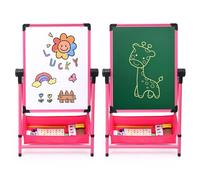 Tableau Enfant Double Face fer Chevalet Rotatif 360°, Hauteur Réglable - Outil de Dessin en Craie et Blanc avec Accessoires, Pliable sur Pied (rose)