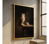 Tableau « Hibou sage fumant la pipe » sur toile, style rustique vintage, décoration murale, tableau représentant une tasse à café, décoration intérieure avec des animaux (40 x 60 cm, sans cadre)