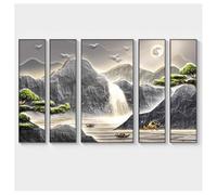 Tableau Mural Chinois en 5 Panneaux, Peinture de Montagne Moderne encadrée, tenture Murale Verticale 3D pour Salon et Bureau à Domicile, Grande Taille (F 4X(35x140)+70x140cm)