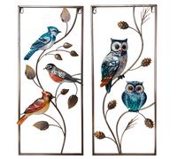 Tableau mural Décoration murale Extérieur Lot de 2 oiseaux Hiboux Multicolore Métal H 69,5 cm