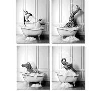 Tableau mural en noir et blanc pour salle de bain Motif animaux dans la baignoire, décoration d'affiches de salle de bain 20x30cmx4
