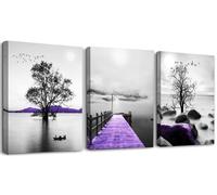 Tableau Noir et Blanc, Tableau Decoration Murale Salon Moderne Violet Grand Arbre lac Paysage Impression Sur Toile, Chambre Bureau