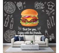 Tableau Noir Vintage Papier Peint Panoramique 250L x 175H cm, Street Art Bar Graffiti Nourriture Burger Fresque Murale Papier Peint - Intérieure Noir Poster Tableaux pour Salon Chambre à Coucher