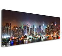 Tableau Panorama New York by Night - Impression photo ville sur toile décoration murale paysage - Déco maison, cuisine, salon, chambre adulte - Multicouleur 80x30 cm