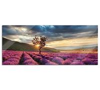 Tableau panoramique sur verre - Lavande Provence avec arbre - 120 x 50 cm - Avec suspension et entretoises