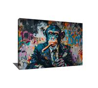 Tableau Singe Pop Art Avec Cadre - Decoration Murale Street Art - Toile Gorille Cigare - Impression Sur Toile Salon - Tableau Singe Avec Cigare - Idée Déco Chambre Adulte Homme (80x60cm)