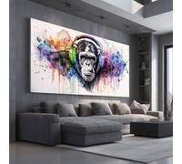Tableau sur Toile Art de Graffiti Singe Grand Format XXL 80x160 cm | Decoration Murale Motif Musical écouteur Bois pour Salon Chambre Abstrait Éclaboussure Art Mural Moderne