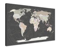 Tableau sur toile avec carte du monde à épingler, marque tes voyages et souvenirs - Carte du Monde Grise - En français - Image de carte murale en gris, 80 x 60 cm