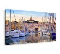 Tableau sur toile bateaux vieux port Marseille 45x65 cm CEANOTHE Décoration Murale Art Décoratif Muraux Peinture Imprimée en HD Salon Chambre Bureau Fabriqué en France Bleu G