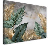 Tableau sur toile Feuilles vertes et dorées sur fond gris décoration intérieure - FEEBY - 90x60 cm