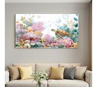 Tableau sur Toile Monde Sous MarinImpression sur Toile Animal Tortue de mer Banc de poissons Tableau Decoration Murale pour Chambre Salle de Salon Cadre en Bois Intégré 140L x 70W cm
