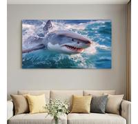 Tableau sur Toile Photographie de SportImpression sur Toile Animal Grand requin blanc Tableau Decoration Murale pour Chambre Salle de Salon Cadeau d’anniversaire Cadre en Bois Intégré 120L x 80W cm