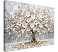 Tableau sur toile Tableau sur toile Arbre de vie avec fleurs blanches dorées toile décorative - FEEBY - 60x40 cm