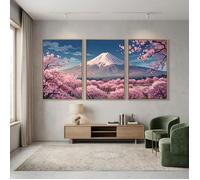 Tableau sur toile triptyque Mont Fuji fleurs de cerisier style japonais-cadre flottant