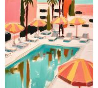 Tableau sur verre synthétique piscine rétro graphique 90x90 cm, Tableau mural moderne pour décoration intérieure
