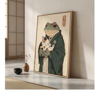 Tableau toile japonais grenouille avec chat-Affiche murale style ukiyo-e zen et kawaii-cadre flottant bois 6191