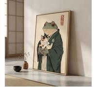 Tableau toile japonais grenouille avec chat-Affiche murale style ukiyo-e zen et kawaii-cadre flottant
