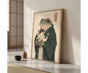 Tableau toile japonais grenouille avec chat-Affiche murale style ukiyo-e zen et kawaii-cadre flottant
