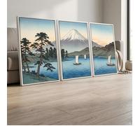 Tableau toile triptyque Mont Fuji-Décoration murale japonaise paysage lac et bateaux-cadre flottant blanc