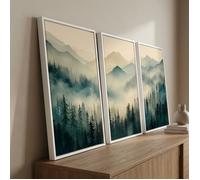 Tableau toile triptyque montagne brumeuse - Décoration murale paysage forêt zen-cadre flottant blanc 6191
