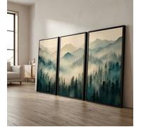 Tableau toile triptyque montagne brumeuse - Décoration murale paysage forêt zen-cadre flottant noir 6191