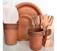 Table'Colors Pack Vaisselle Kraft Complet pour 50 Personnes - 350 Pièces - Recyclable - Carton - Grandes et Petites Assiettes - Gobelets - Couteaux - Fourchettes - Petites Cuillères