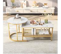 Tables Basse - Ensemble de 2 Tables Basses Gigognes - 1 Table Rectangulaire + 1 Table Ronde - Effet Marbre Blanc et Métal Doré