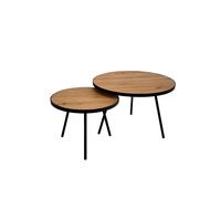 Tables basses gigogne rondes avec bords en cuir naturel et pieds métal Chêne et Noir - ELMA