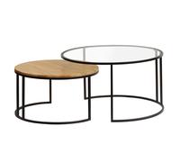 Tables basses gigognes rondes verre trempé, bois manguier massif et métal noir (lot de 2) TAHL