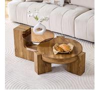 Tables Basses Ronde Salon 2 en 1, Table D'appoint Moderne, Aspect bois MDF + Verre Marron, Tables De Salon, Table Basse Gigogne