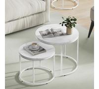 Tables Basses Rondes Set de 2 - Design loft gigognes 2 en 1, Surface Anti-Rayures, Salon | 53 cm et 43 cm de diamètre, Aspect marbre Blanc avec Pieds Blancs