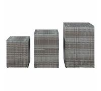 Tables d'appoint 3 pièces en verre rotin synthétique gris | Structure en métal, rotin synthétique résistant aux intempéries, surface en verre, utilisation intérieure et extérieure