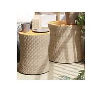 vidaXL Tables d'appoint de jardin 2 pcs. avec plateau en bois beige Poly rotin