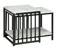 Tables d'appoint tables gigognes - HOMCOM - lot de 2 empilables plateau aspect bois effet marbre - métal - noir