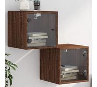 Tables de chevet suspendues en chêne brun 2 pièces, portes en verre, 35x37x35 cm, en plastique à base de bois, pour le rangement de chambre à coucher.