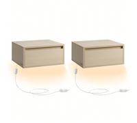Tables de Chevet Suspendues, Lot de 1/2, Tables de Nuit, Lumière 3 Couleurs, Étagère Murale Tiroir, 35 x 40 x 18 cm, Style Moderne, pour Chambre, Salon, Beige Naturel [TABLE DE NUIT SUSPENDUE, HAUTE C