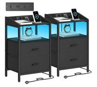 Tables de Nuit, Lot de 2, avec Lumières LED et Station de Recharge, Table d'appoint Moderne avec Ports USB et Prises, Noir