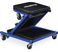 Tablette roulante Relaxdays pour atelier, 150 kg, siège roulant et table d'atelier 2 en 1, pliable, pivotante à 360°, pour voiture, en acier, noir/bleu
