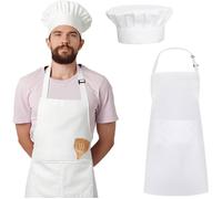 Tablier de cuisine adulte blanc réglable imperméable avec 2 poches + toque de chef élastique, usage barbecue Label