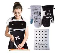 Tablier de Cuisine Femme Motif Chat Noir Gants Maniques Anti Chaleur Four Torchon Idée Cadeau Humour Rigolo Drole Design Fantaisie Chic Adulte Fille Maman Anniversaire (Tablier, Gants et torchon)