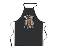 Tablier de Cuisine Noir Mes chats c'est ma vie C'est La Vie | Coton 90 × 60 cm Cou Ajustable Nouage dans le Dos | Pâtisserie Barbecue Atelier | Cadeau Propriétaire Chat Homme Femme Fête des Pères