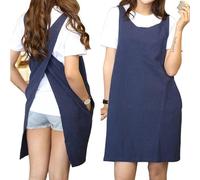 Tablier japonais en coton/lin avec poches, idéal pour cuisiner et faire du barbecue - Bleu marine
