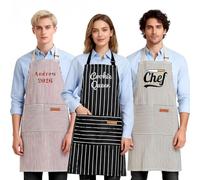 Tablier Personnalisé pour Hommes et Femmes avec Logo Photo Texte ou Nom - Tablier de Cuisine Rayé Brodé pour grillades, cuisine avec 2 poches, tablier à bavette Ajustable pour Maison Restaurant Café